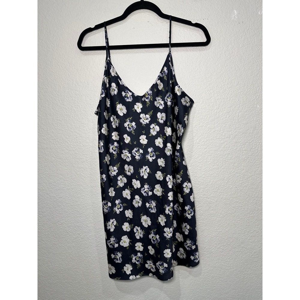 100% Silk Cinq a Sept Navy Blue Floral  Slip Mini Dress Size 12 V-Neck Spaghetti